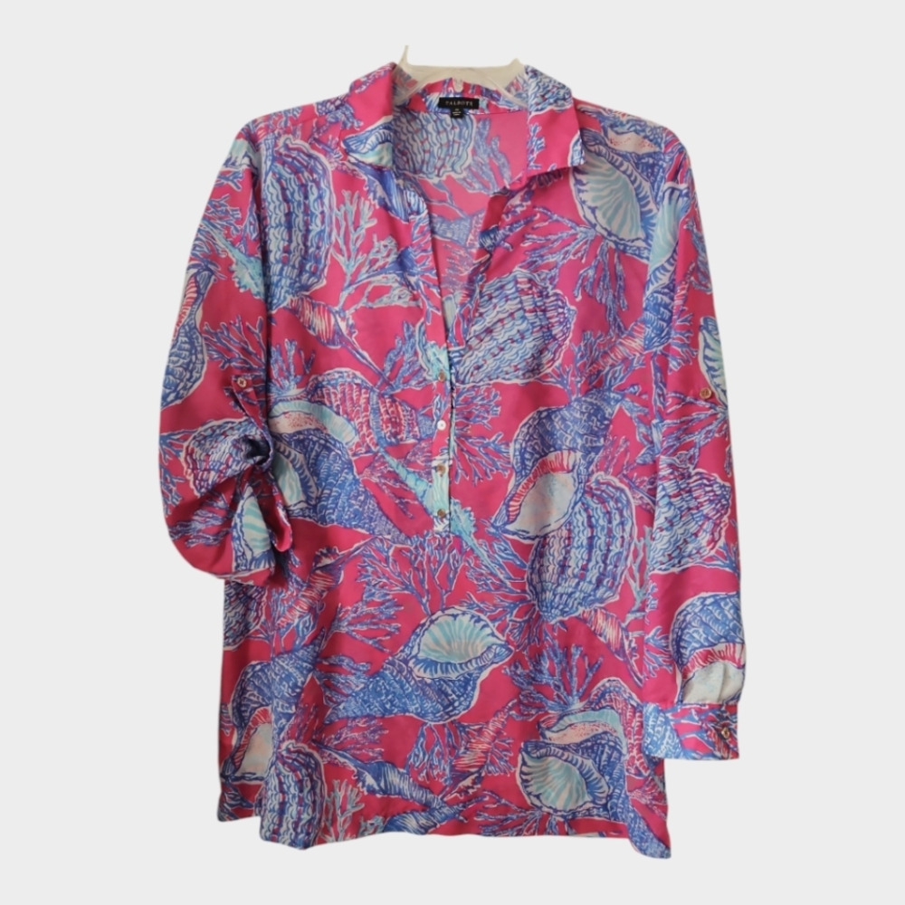 Talbots Tunic/Swim Cover Up; Vibrant Hot Pink & Blue Seashell & Coral Print; M